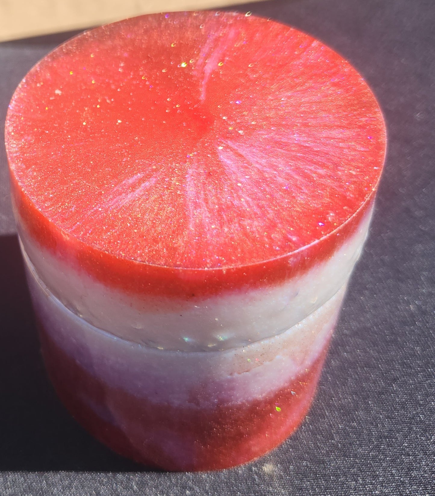 Large red and white jar